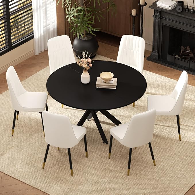 RGZ Mid Century Black Round Dining Table Set for 6, 47" Large Wooden Circle Kitchen Table & 6 White PU Leather Kitchen Chairs, Dinner Table Set for Home, Apartment, Dining Room