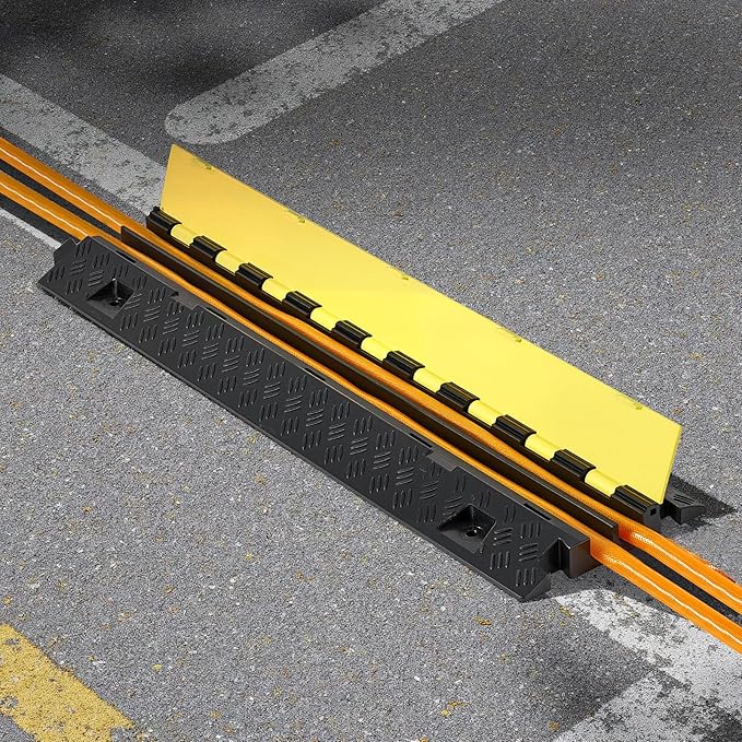 VEVOR 3 PCs Rubber Cable Protector Ramp, 2 Channel Heavy Duty TPU Floor Cord Hose Wire Cover, 1.2'' W x 1.1'' H Channel Size, Traffic Speed Bump with Flip-Open Top Cover, for Indoor Outdoor Use