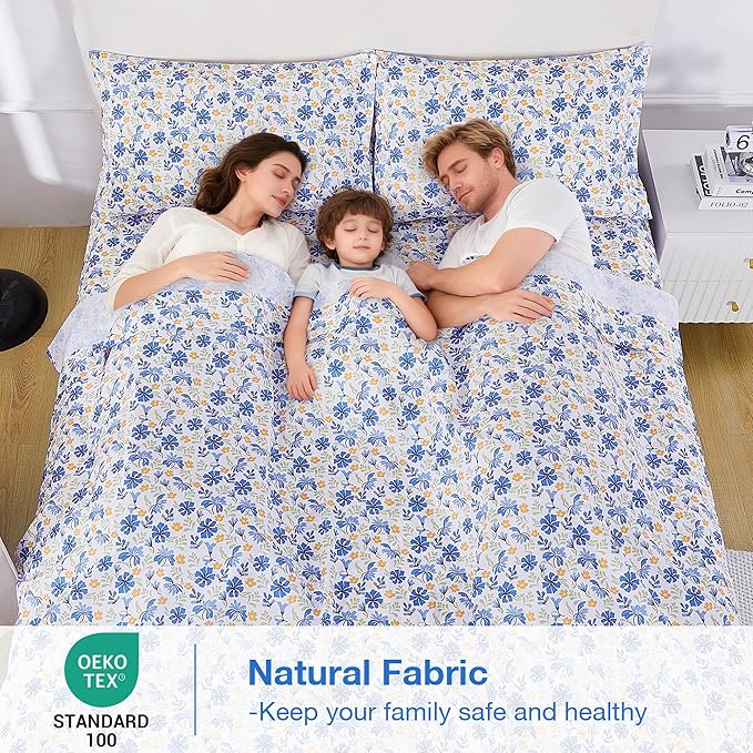 Softan Vintage Blue Floral Queen Bed Sheets, Cozy Microfiber Flower Printed Sheets with 15" Deep Pocket Fitted Sheet & Non-Slip Straps, Patterned Floral in Blue & Amber Sheets & Pillowcase Set