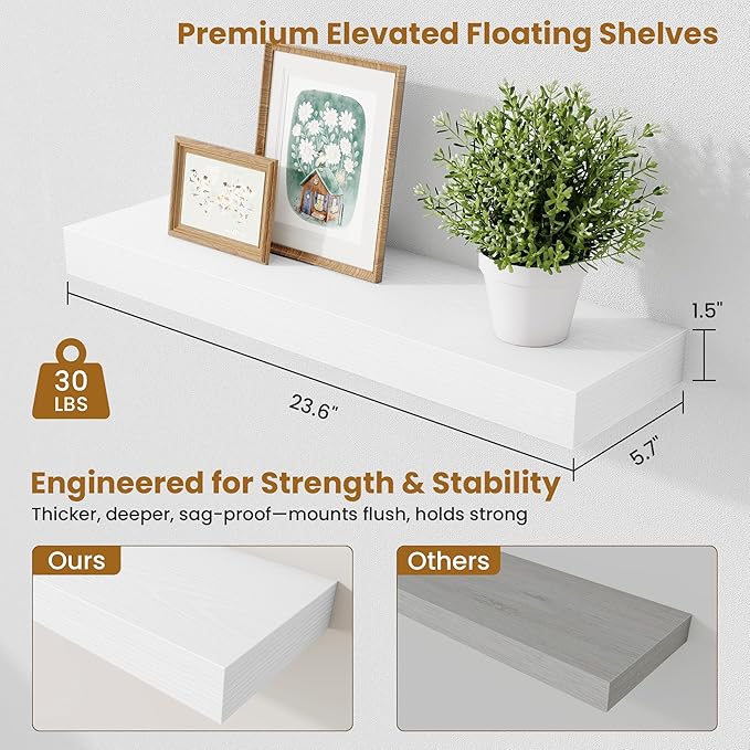 Fun Memories Floating Shelves Set of 2, 24 Inch Floating Shelves for Wall, Wood Wall Shelves with Invisible Brackets, for Bathroom, Bedroom, Living Room, Kitchen, White