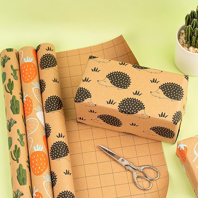 MAYPLUSS Kraft Wrapping Paper Roll - 3 Mini Roll - 17" X 120" Per roll - Fruit/Cactus/Hedgehogs Design (42.3 sq.ft.ttl)