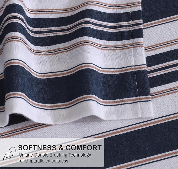 RUVANTI Flannel Sheets Full Size - 100% Cotton Double Brushed Bed Sheets Set, Deep Pockets 16 Inches, All Seasons Breathable & Extra Soft Full Sheets, Warm & Cozy, 4 Piece, Maritime Stripe