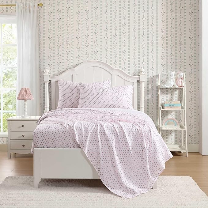 Laura Ashley Kids - Twin XL Sheet Set, Soft & Wrinkle-Resistant Toddler Bedding Set, Deep Pockets, Girl Bed Sheets with Matching Fitted Sheet & Pillowcase (Sweet Lady Bugs Pink)