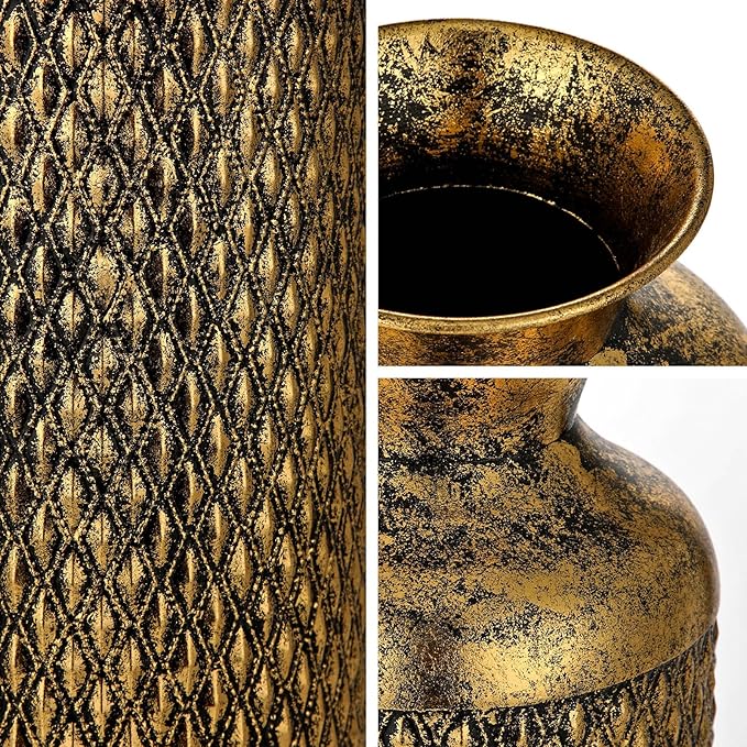 Flower Vase Rustic Metal Vases, 16" Black and Gold Pattern Vase for Farmhouse Home Décor Artificial Flowers and Centerpieces
