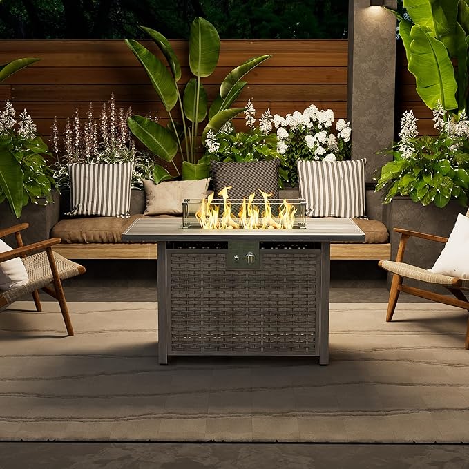 43" Rectangular Propane Fire Pit for Outside Patio 2 in 1, 50,000 BTU Fireplaces with Lid, Glass Rocks, Cover