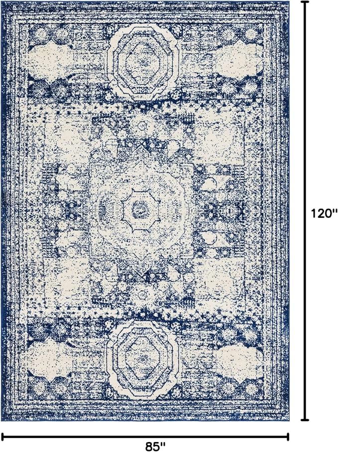 Unique Loom Bromley Collection Area Rug - Wells (7' 1" x 10' Rectangle, Ivory and Blue/ Ivory)