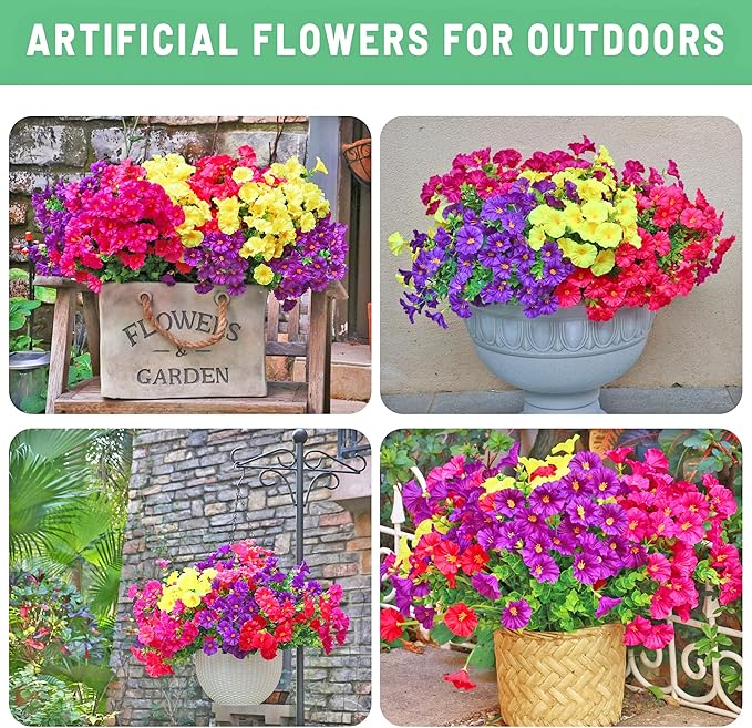 16PCS Artificial Fake Outdoor Flowers Plants, Faux Silk Realistic Morning Glory Floral Arrangement Planter UV Resistant for Porch Patio Window Box Balcony Garden Decor (Eucalyptus 4 Colors)