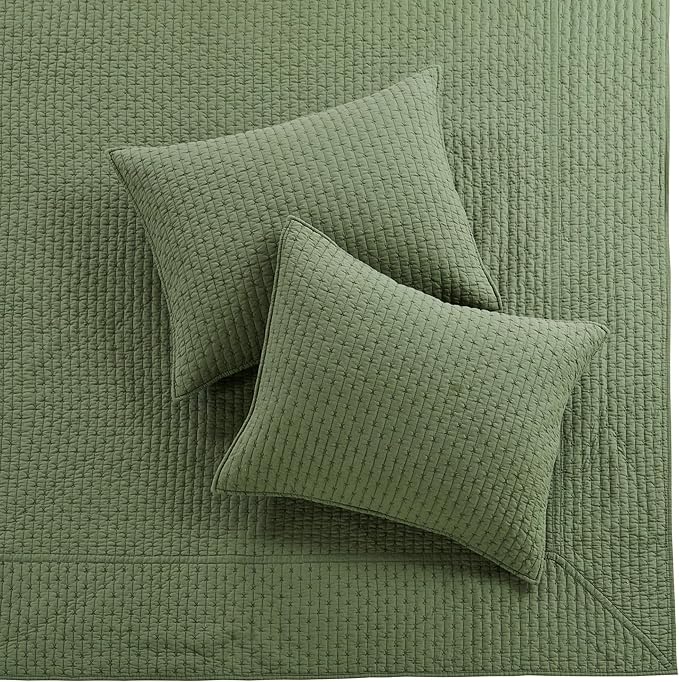 Levtex Home Cross Stitch Reversible King Bedspread Set (120x104in) with 2 Pillow Shams (36x20in) - Stitch Texture - Forest Green - Cotton King Size Bedspread Set - Soft, Pre-Washed