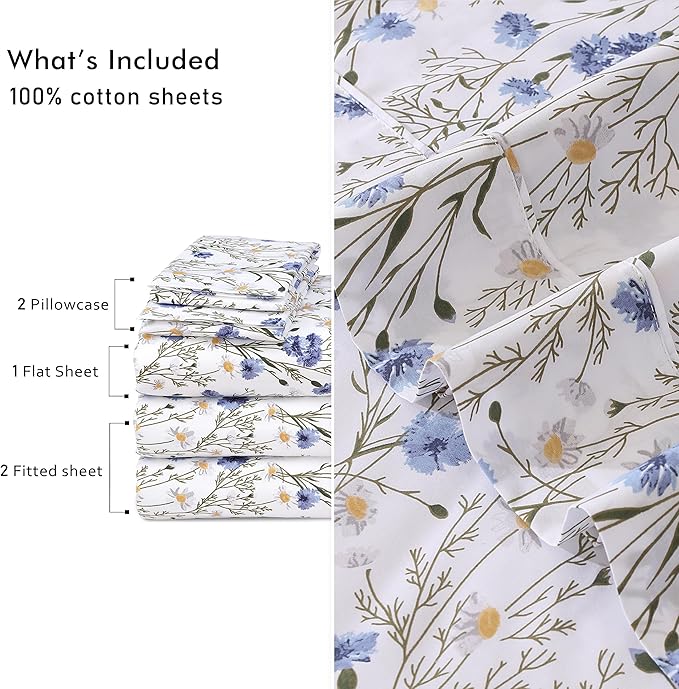 RUVANTI 100% Cotton Split King Sheets Sets for Adjustable Bed, 5 PCs, Soft & Breathable Percale Weave Bedding, Deep Pocket 16", Hotel Standard, Crisp Cool Feel & Durable, Floral Sheet, Sweet Pea