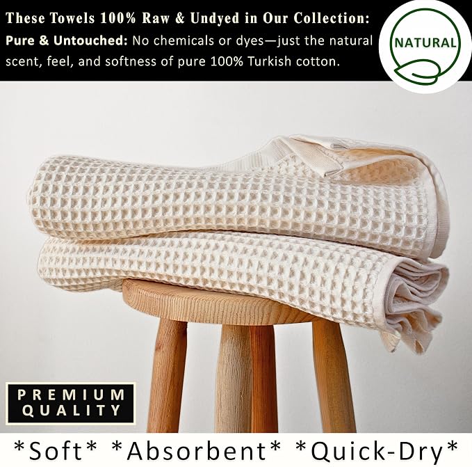 PÜSKÜL Undyed-Raw Waffle Bath Towels Set of 2-Piece | Organic Natural 100% Turkish Cotton Towel | Premium Quality Body Towels for Bathroom & Sauna | 32x63 inch Large Bath Sheet | Earthy Spa Experience