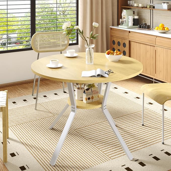 Wildhome Round Dining Table for 2-4, 43 Inch Dining Room Kitchen Table with 1-Tier Storage Shelf, Modern Farmhouse Dinner Furniture with Adjustable feet,Oval Circle(43in-Oak)