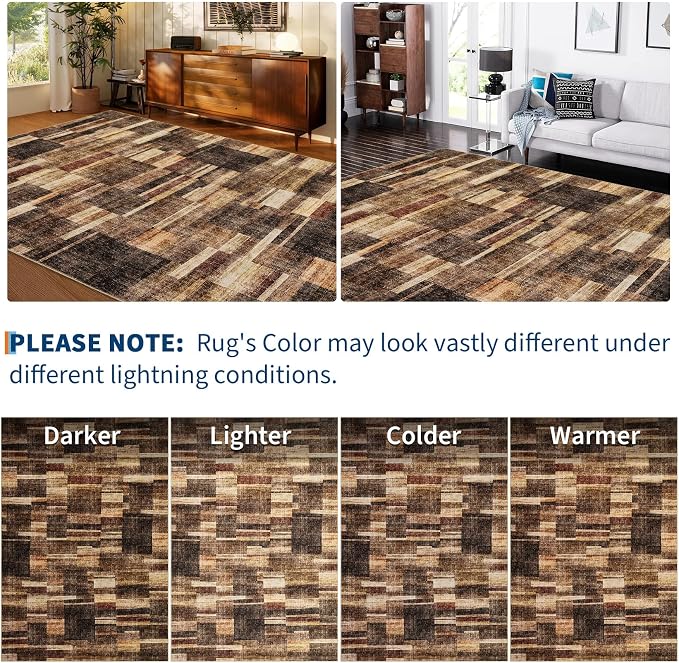 Modern Area Rugs 5x7 Washable Rugs for Bedroom Geometric Throw Rugs with Non-Slip Backing, Non-Shedding Contemporary Accent Carpet, Low Pile Floor Cover for Bedroom, Office, Brown