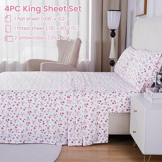 Softan Pink Floral King Bed Sheets, Cozy Microfiber Flower Printed Sheets with 15" Deep Pocket Fitted Sheet & Non-Slip Straps, Patterned Pink Rose - Bow Sheets & Pillowcase Set