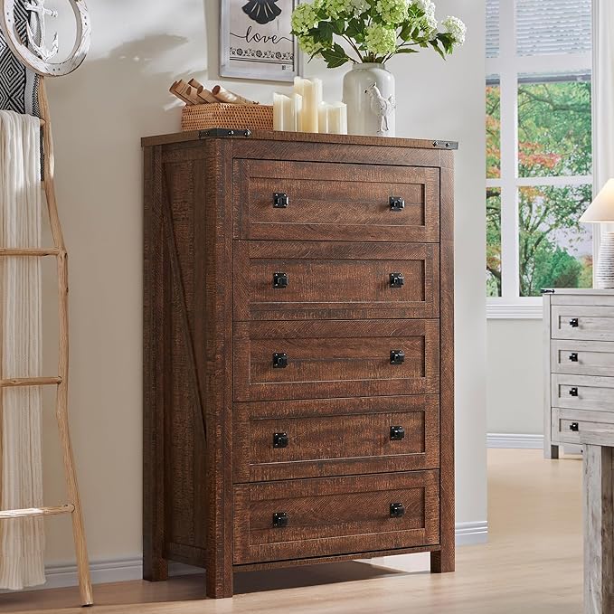 RedLemon Farmhouse 5 Drawer Dresser, 48" Tall Rustic Chest of Drawers, Wood Dresser for Bedroom, Living Room, Hallway, Reclaimed Barnwood Color