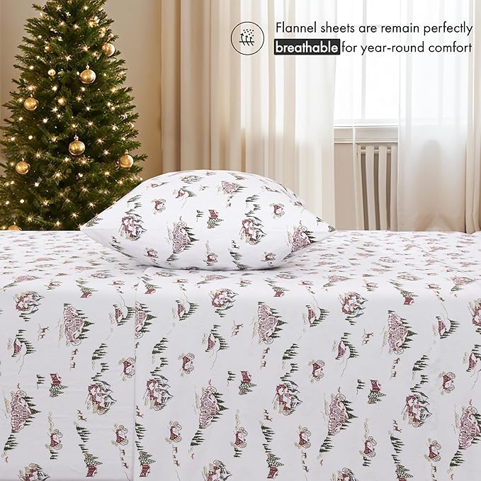 RUVANTI Flannel Sheets Twin Size - 100% Cotton Double Brushed Twin Sheets Set, Deep Pockets 16 Inches, All Seasons Breathable & Extra Soft Bed Sheets, Warm & Cozy, 3 Piece, Hilly Huts