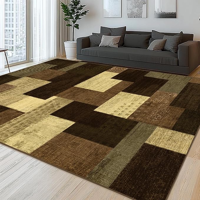 Modern Geometric Patchwork Indoor Area Rug for Living Room, Warm Taupe 5x7 Large Rug Rockwood Collection Hardwood Floors Decor for Bedroom, Taupe Throw Carpet for Office Entryway Dining Room
