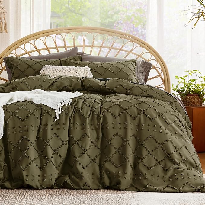 Bedsure Boho Duvet Cover Queen Size - Olive Green Breathable & Soft Boho Bedding, Machine Washable Comforter Cover for All Seasons, Includes 1 Duvet Cover 90"x90" with 2 Pillow Shams & Zipper Closure