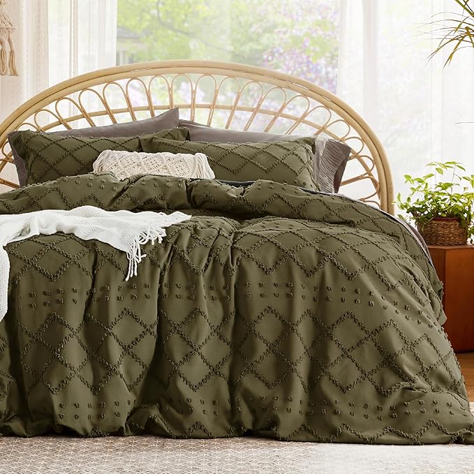 Bedsure Boho Duvet Cover King Size - Olive Green Breathable & Soft Boho Bedding, Machine Washable Comforter Cover for All Seasons, Includes 1 Duvet Cover 104"x90" with 2 Pillow Shams & Zipper Closure
