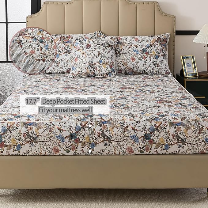 FADFAY Sheets Set Cal King Shabby Botanical Bird Floral Bed Sheets Vintage Mocha Mousse Branches Bedding Collections 100% Egyptian Cotton Breathable Soft 17.7" Deep Pocket 4Pcs, California King Size