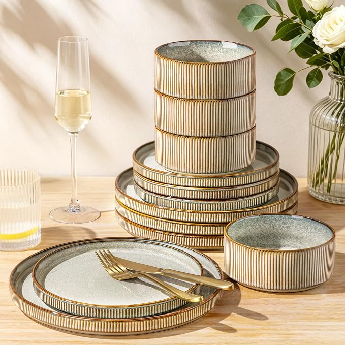 GBHOME 12-Piece Stoneware Dinnerware Set for 4 – Ribbed Ceramic Plates and Bowls, Scratch-Resistant, Microwave & Dishwasher Safe, Reactive Glaze, Reactive Glaze Green Wheat