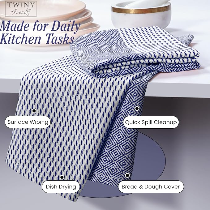 TWINY threads Dish Towel Diamond Pattern, Premium 100% Cotton Kitchen Linen Set, Large Wash Rags for Drying Dishes, Absorbent Quick Drying, Reusable, 4 Pack, 18"x26", Indigo Blue