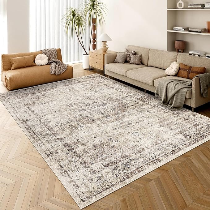 Washable Boho 10x13 Area Rug for Living Room Low Pile Soft Bedroom Rugs Non Slip Distressed Medal Print Large Indoor Carpet Thin Foldable Boho Vintage Carpet for Playroom Farmhouse, Brown