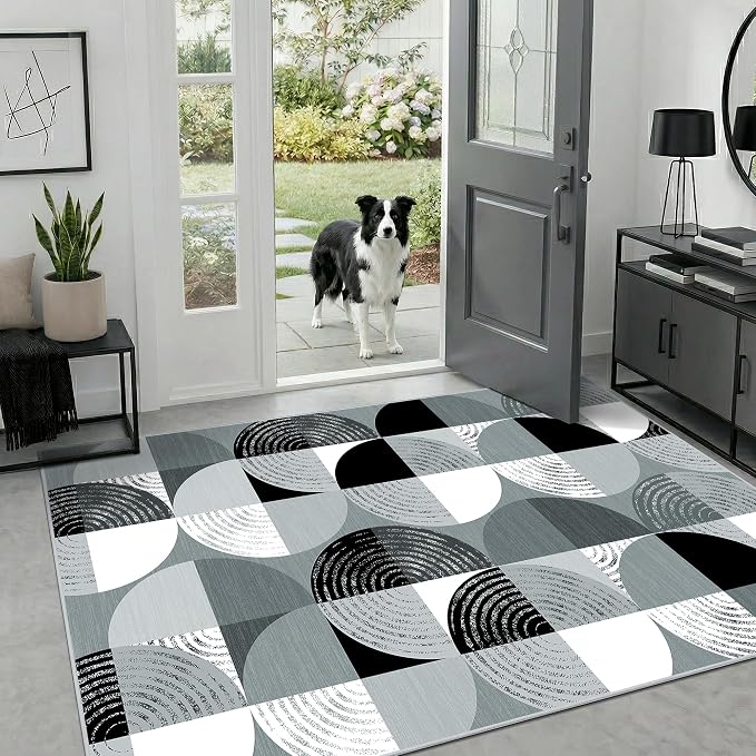 Merelax Large 4x6 Geometric Entryway Rug Indoor - Washable Non-Slip Low Pile Soft Area Rug for Entrance, Kitchen, Mudroom, Office, Modern Aesthetic Abstract Decor Thin Carpet, Black/Grey/White