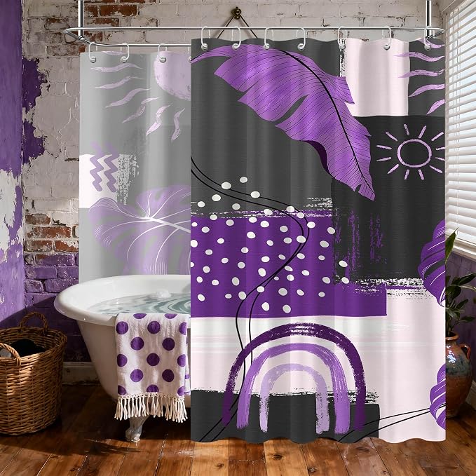 Extra Long Shower Curtain Extra Tall Purple and Gray Dark Purple and Grey XL Boho Shower Curtains for Large Bathroom Decor Sets, Waterproof Cloth Fabric with Hooks, 108x72 Inch