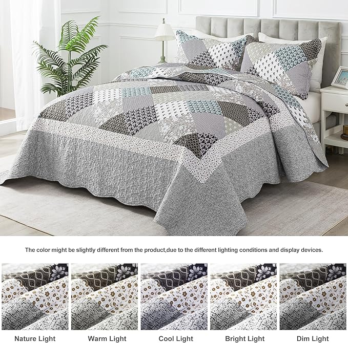 HoneiLife King Size Quilt Set - 3 Piece Microfiber Quilts Reversible Bedspreads Patchwork Coverlets Rustic Bedding Set for King Bed