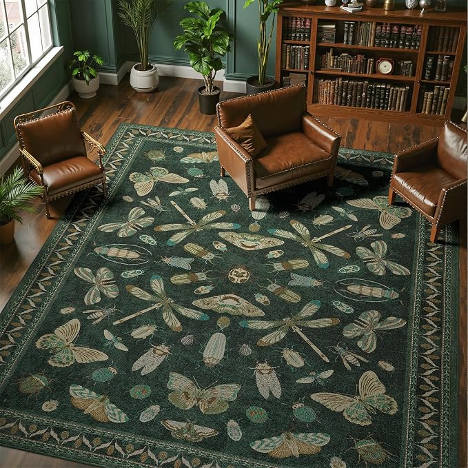 DCX 6x9 Washable Insect Rug, Vintage Gothic Dark Green Rug with Non-Slip Rubber Backing, Soft Low-Pile, Stain-Resistant, Kid & Pet Friendly, for Living Room, Bedroom, Office, and Nature-Themed Decor