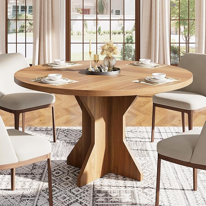 Garvee Round Dining Table for 4-6 People - 47" Circle Kitchen Dinner Table with Sturdy Pedestal Base, Small Spaces Dinning Room Furniture for Living Room, Kitchen, Apartment, Brown