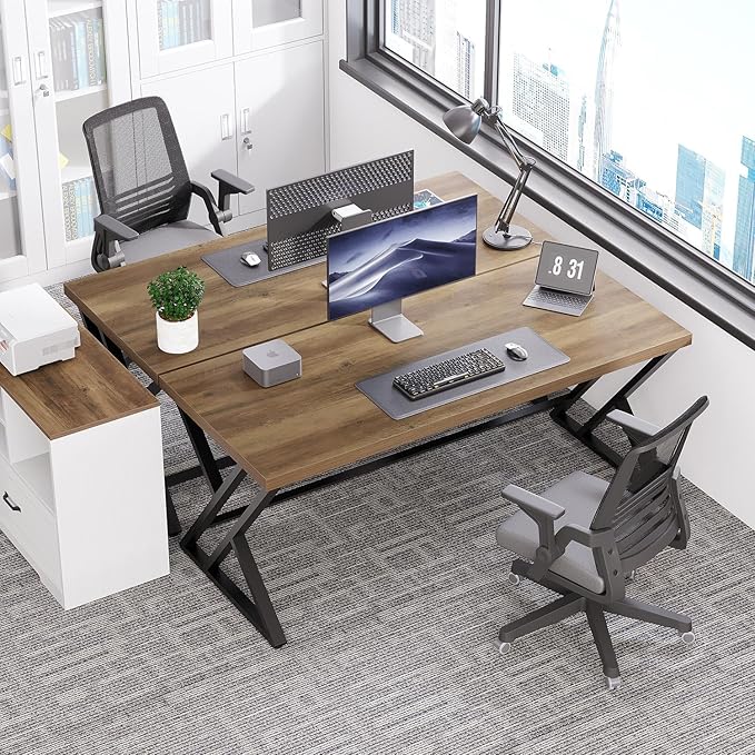 LVB Wood Computer Desk, Rustic Home Office Executive Desk for Bedroom, Industrial Wooden Computer Writing Study Work Gaming Table, Modern Metal PC Student Simple Desk with Storage, 55 Inch, Rustic Oak