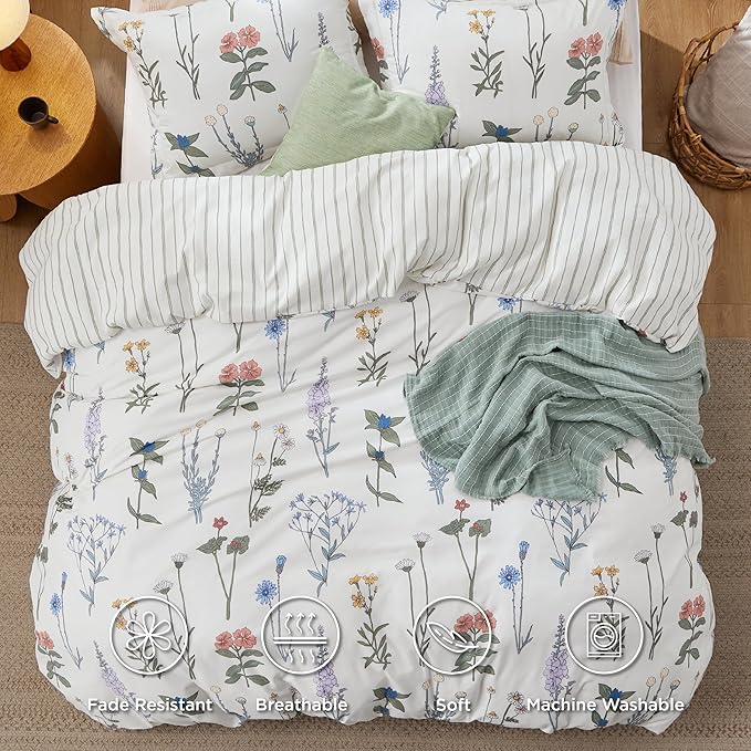 Bedsure Duvet Cover Queen Size - Reversible Cute Floral Duvet Cover Set with Zipper Closure, 3 Pieces White Bedding Set with 8 Corner Ties and 2 Pillow Shams 20"x26"