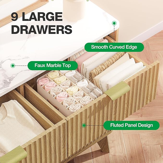 Fluted 9 Drawer Dresser, 57" Wide Chest of Drawers with Faux Marble Top,Modern Dresser TV Stand, Wood Closet Clothes Storage Organizer with Curved Edges for Bedroom, Living Room, Natural