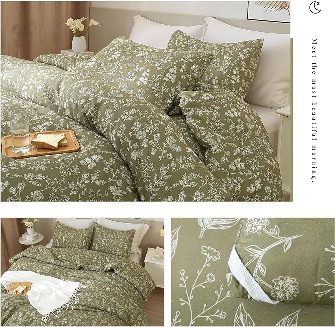 HighBuy Queen Size Duvet Cover Olive Green Floral Cottagecore Bedding Comforter Cover Queen 100% Soft Cotton Botanical Boho Duvet Cover Set Aesthetic 3 Piece Garden Style for Women Men