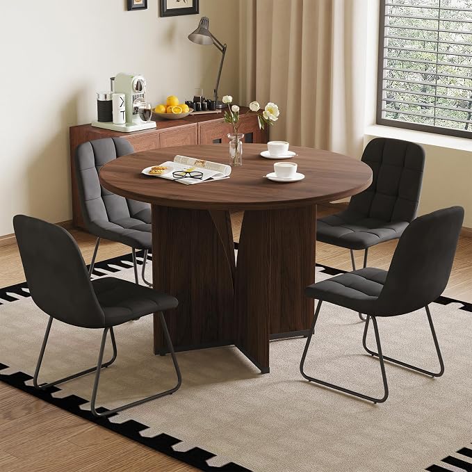 HIPIHOM Modern Round Dining Table Set for 4, 39.4" Walnut Kitchen Table with 4 PU Leather Chairs, 5-Piece Mid-Century Dining Room Set for Small Spaces, Pedestal Base