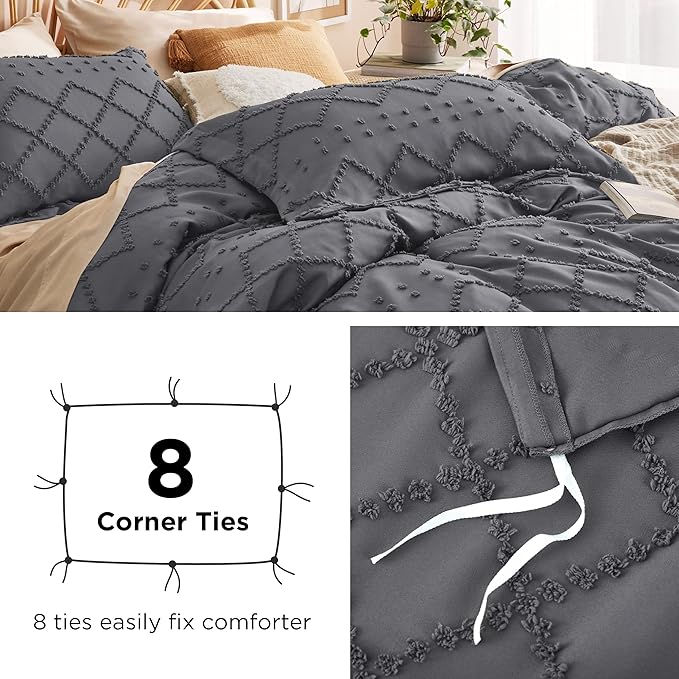 Bedsure Boho Duvet Cover King Size - Dark Grey Breathable & Soft Boho Bedding, Machine Washable Comforter Cover for All Seasons, Includes 1 Duvet Cover 104"x90" with 2 Pillow Shams & Zipper Closure