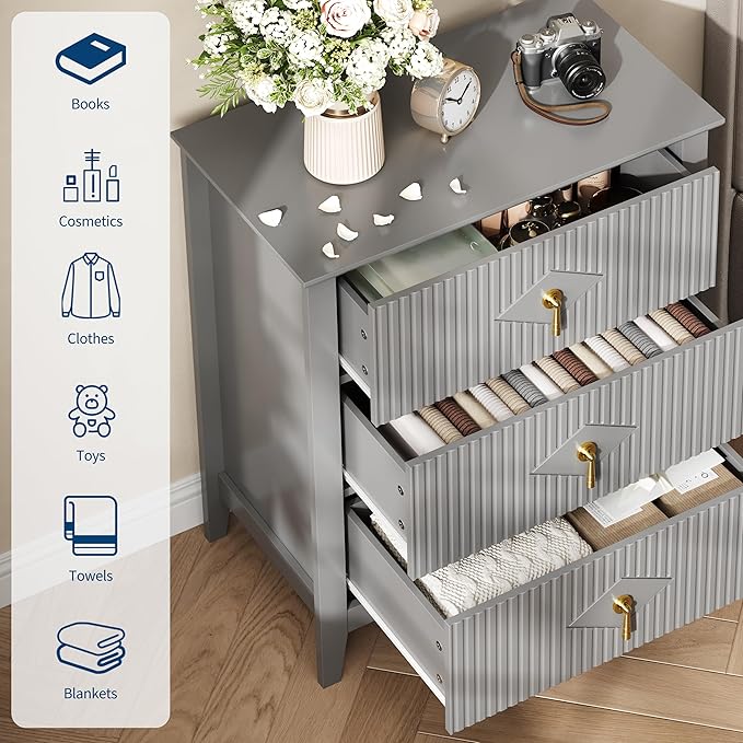 GarveeHome Wood Nightstand Fluted Dresser for Bedroom, 27.5" Wide 3-Drawer Bedside Tables, Modern Chest of Drawers, Storage End Table Living Room, Hallway, Entryway, Grey
