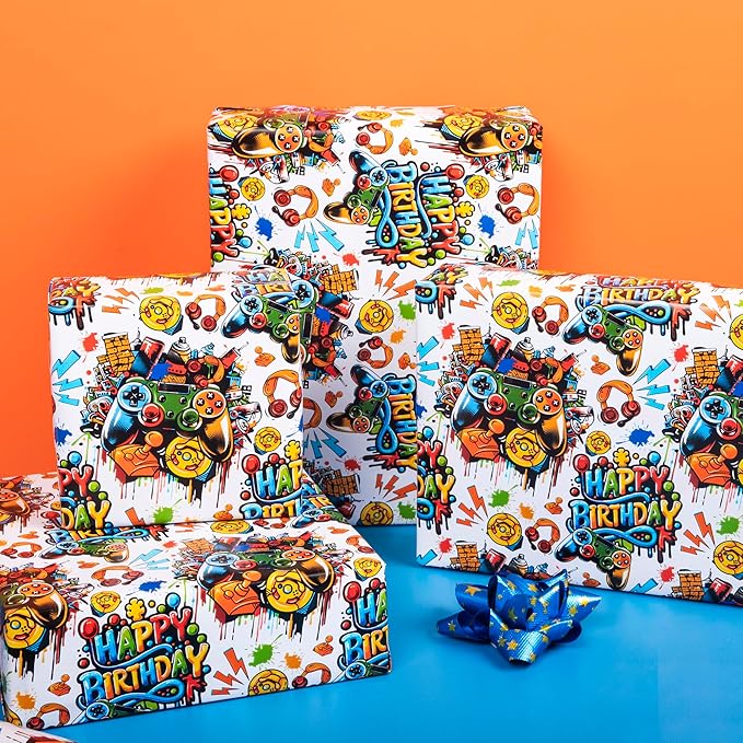 Altarho Reversible Birthday Gaming Wrapping Paper Roll - 17 Inch x 33 Feet - Video Game Birthday Gift Wrap for Game Lover Party