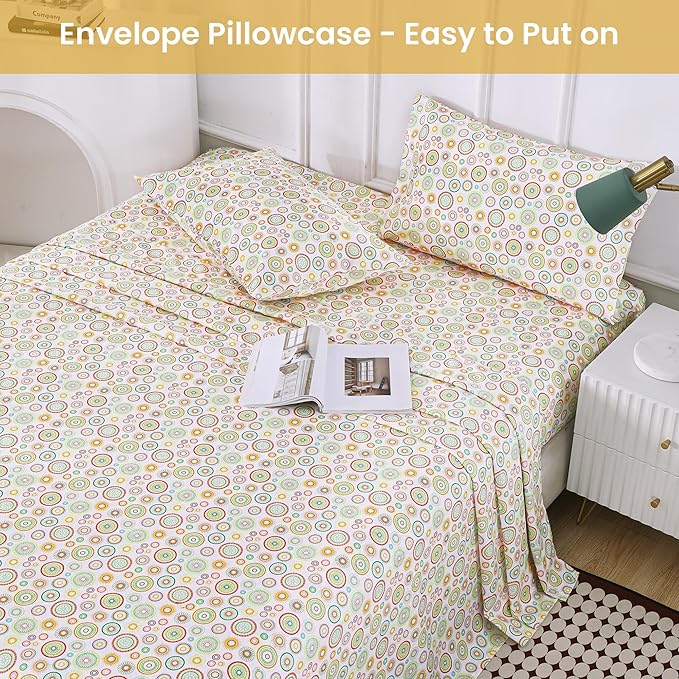 Softan Mandala Printed Full Sheet Set, 4-Piece Microfiber Fitted Sheet with 15" Deep Pockets & Non-Slip Straps, Geometric Patterned Double Bedding Sheets & Pillowcase Set
