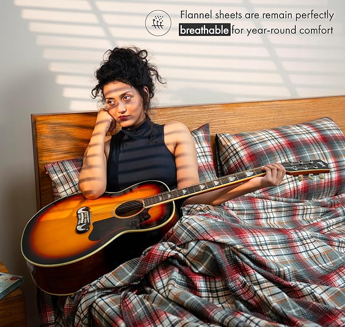 RUVANTI Flannel Sheets Queen Size - 100% Cotton Double Brushed Bed Sheets, Deep Pockets 16 Inches Queen Sheet Set, All Seasons Breathable & Extra Soft - Warm & Cozy, 4 Piece, Halloween Check