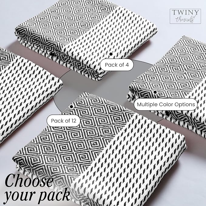TWINY threads Kitchen Dish Towel Diamond Design, Premium Large 100% Cotton Kitchen Linen Set, Dish Rags for Drying Dishes, Absorbent Quick Drying Wash Rags, Pack of 4, 18 x 26 Inch, Black