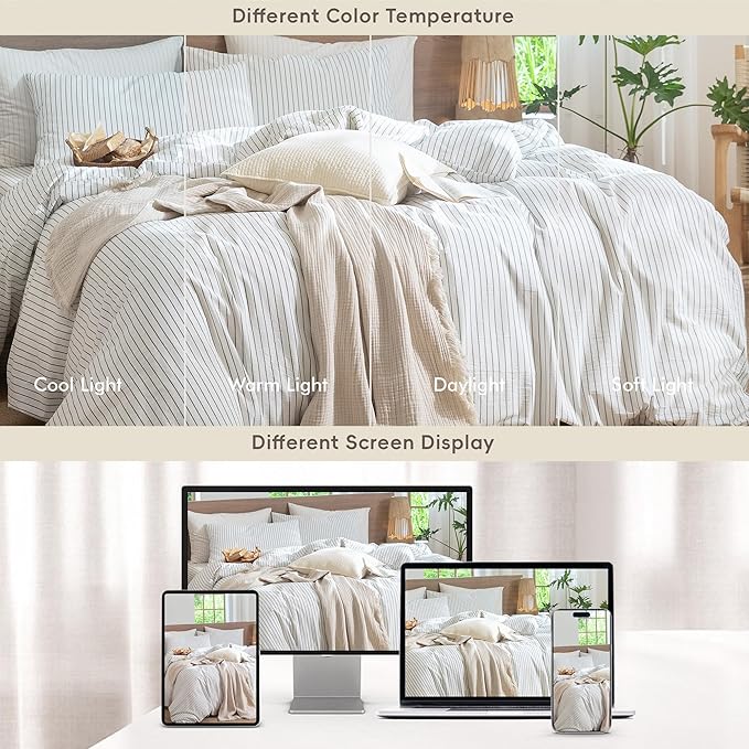 MooMee Striped Duvet Cover Set 100% Washed Cotton Linen Like Textured Breathable Durable Soft Comfy (White Heathered Green Wide Stripes, Cal King 104"x98")