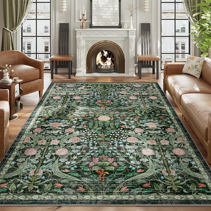 AMTOVO 9x12 Washable Area Rugs for Living Room, Non-Slip&Non-Shedding Floral Large Soft Boho Vintage Print Carpet for Bedroom Girls Room Dorm Dining Room Farmhouse Nursery Home Office, Dark Green