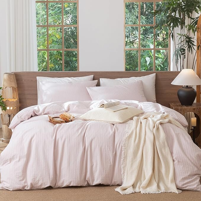 MooMee Striped Duvet Cover Set 100% Washed Cotton Linen Like Textured Breathable Durable Soft Comfy (Heathered Greyish Pink White Wide Stripes, Twin 68"x90")