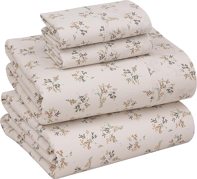 RUVANTI 100% Cotton King Size Sheets Set, 4 Pieces, Soft & Breathable Percale Weave Bedding, Deep Pocket 16", Hotel Standard, Crisp Cool Feel, Durable, Perfect Floral Bed Sheet, Twin Spring