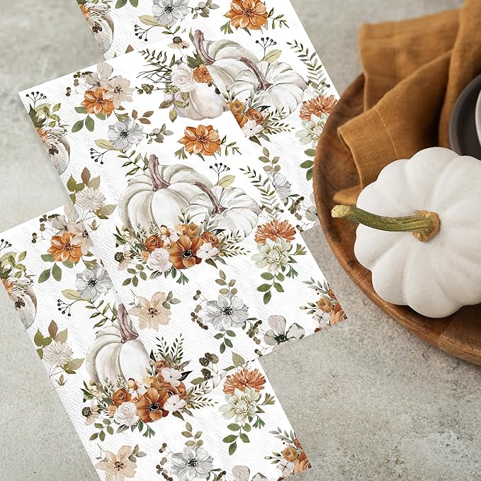 100pcs Thanksgiving White Pumpkin Paper Napkins 3 Ply Disposable Fall Pumpkin Guest Napkins Hand Towels for Bathroom Home Kitchen Table Harvest Party