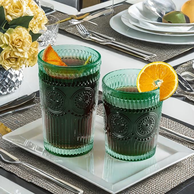 Loivttvv 12pcs Vintage Drinking Glasses Set, 12 oz Highball Glasses & 9 oz Embossed Ribbed Glassware Cups for Cocktail, Water, Juice, Coffee, Whiskey (Dark Green)