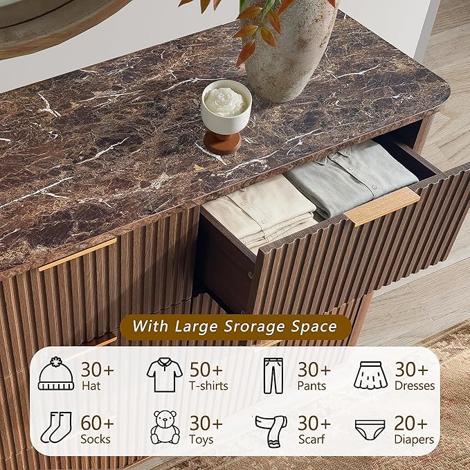 win2win 9 Drawer Dresser, Mid Century Modern Dresser with Storage, 55" Wide Fluted Chest of Drawers with Faux Marble Top, Dressers TV Stand, Drawers Organizer for Bedroom, Living Room, Hallway, Walnut