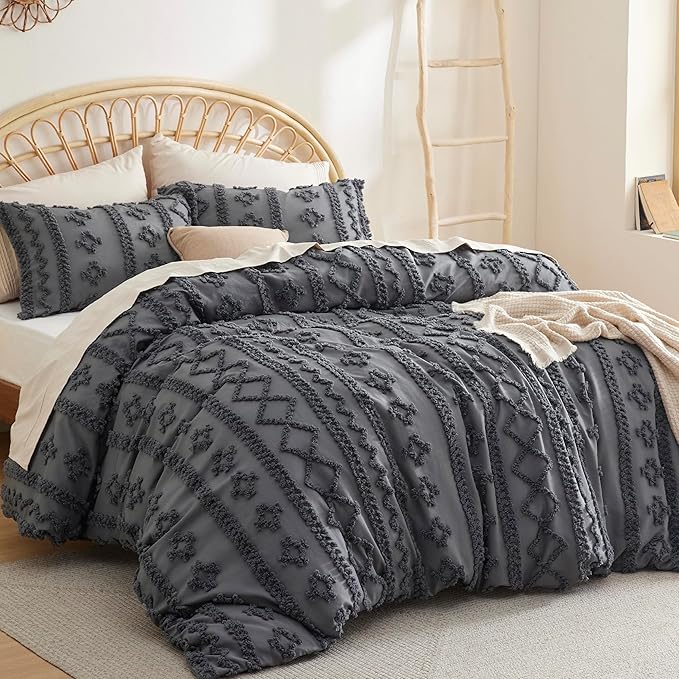 Bedsure Boho Duvet Cover Queen Size, Soft & Comfortable Elegant Design Boho Bedding for Decoration, Machine Washable Comforter Cover for All Seasons,Includes 1 Duvet Cover & 2 Pillow Shams,Dark Grey